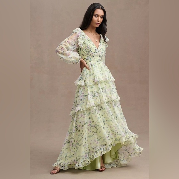 MAC DUGGAL Green Floral Chiffon Tiered Ruffle Dress 6 - Picture 4 of 16